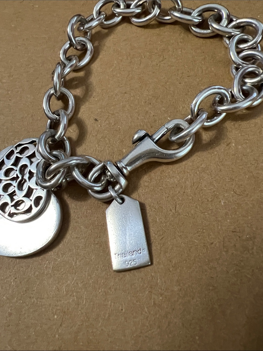 COACH Sterling Silver Double Heart 925 Bracelet with dog leash clasp 36 Grams - Picture 3 of 13